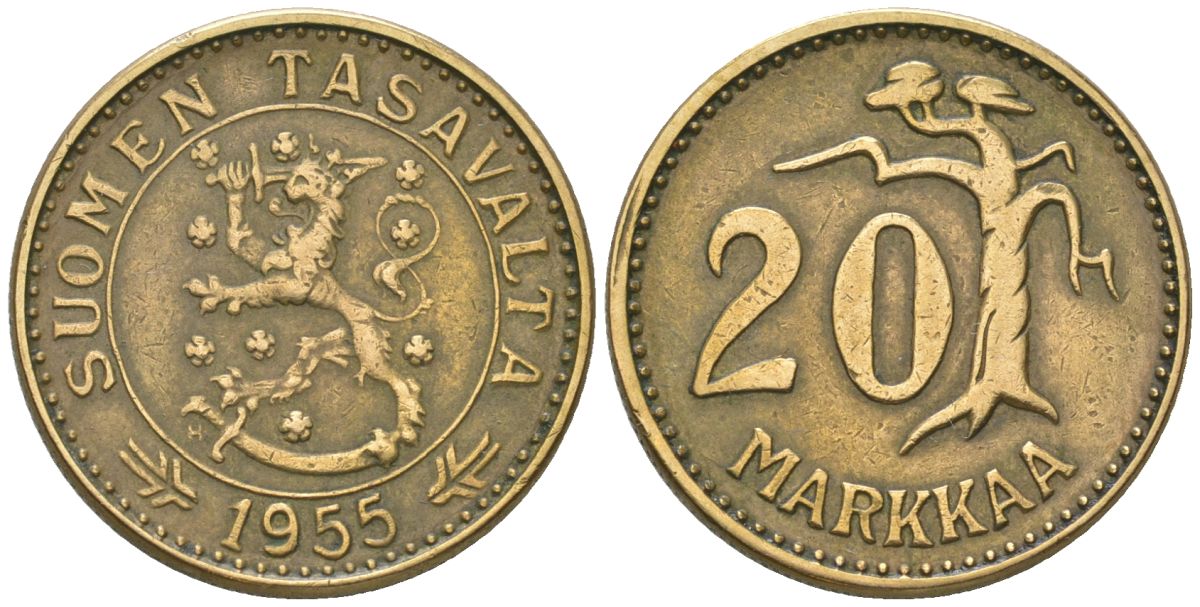 Финляндия 20 марок 1955 H KM 39 алюминиевая бронза 4586-745