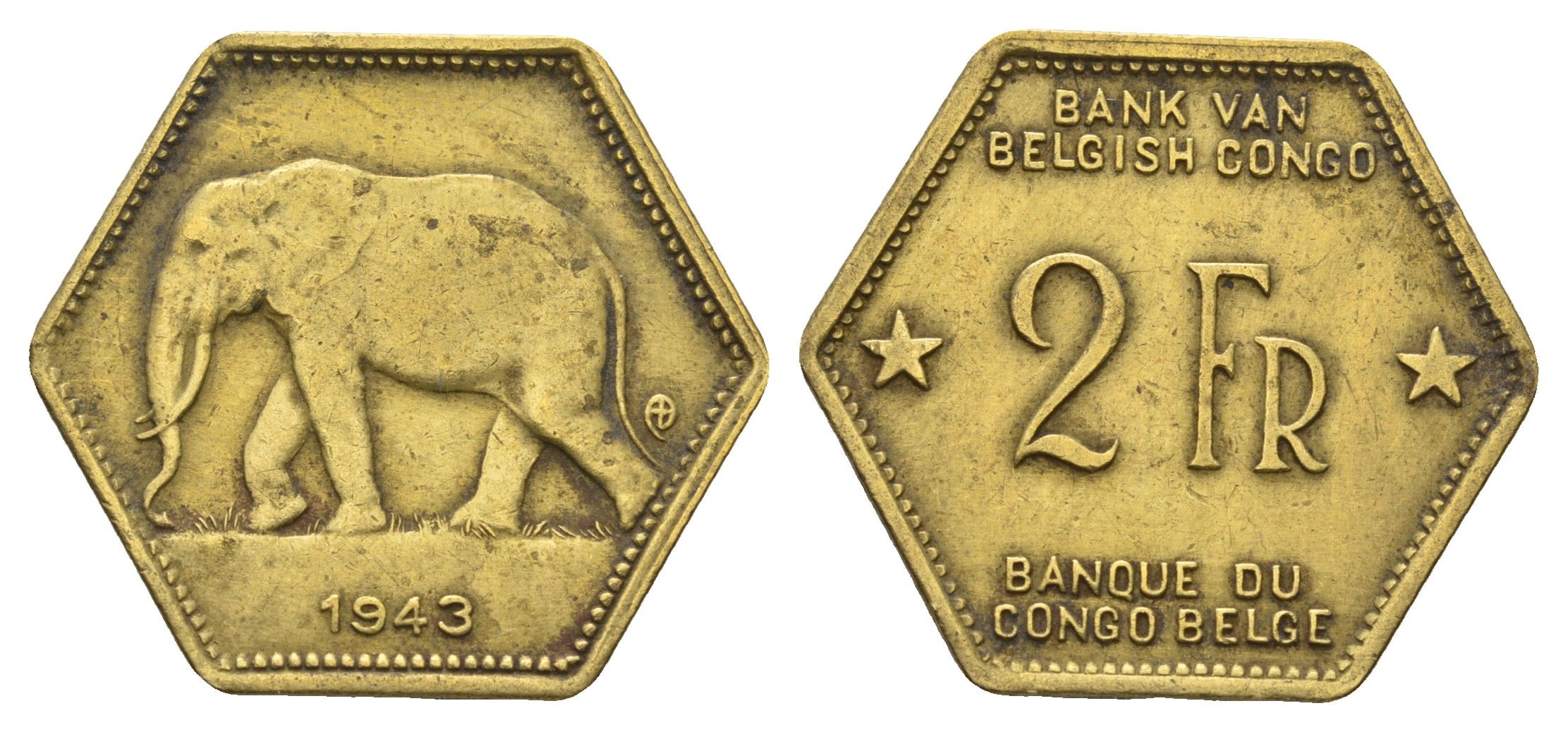 Бельгийское Конго 2 франка 1943 слон, шестиугольная, год тип KM 25 латунь 4127-1733