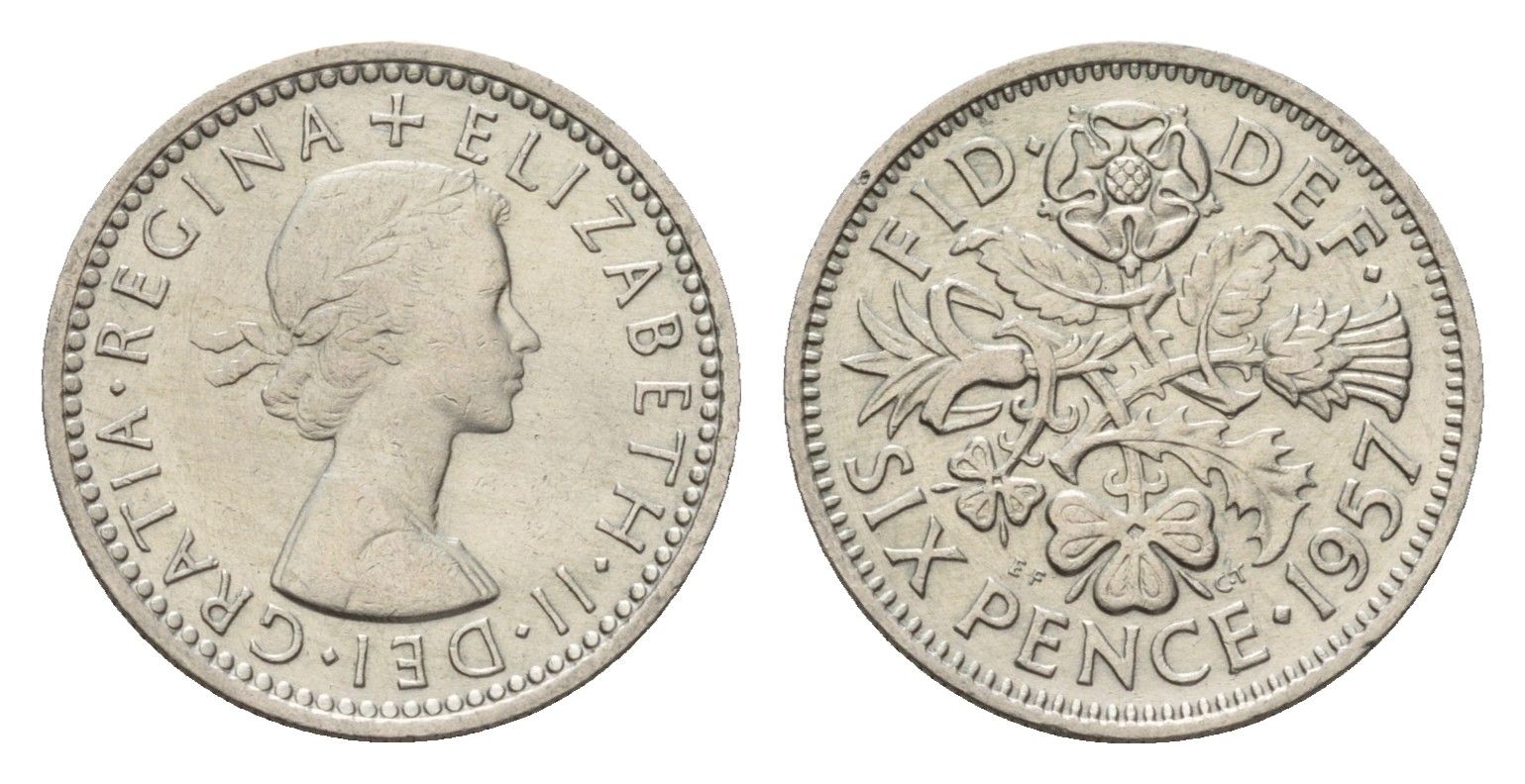 Великобритания 6 пенсов 1957 Елизавета II (1952-2022) KM 903, Spink 4149 медно-никель 4651-1155