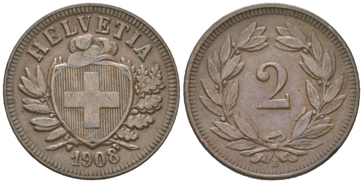 Швейцария 2 раппена 1908 B KM 4 бронза 4380-123