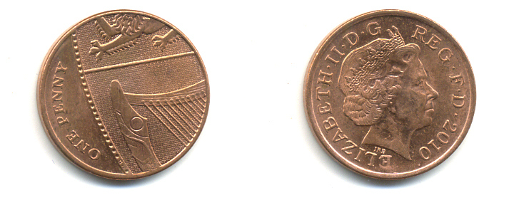 Великобритания 1 пенни 2010 Елизавета II (1952-2022) KM 1107, Spink B6 сталь плакированная медью 177-1233