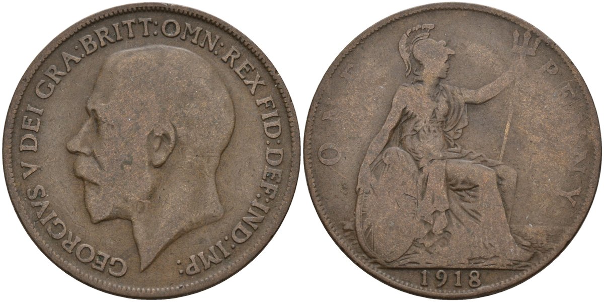 Великобритания 1 пенни 1918 Георг V (1910-1936) KM 810, Spink 4051 бронза 4144-823