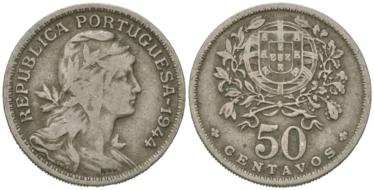 Португалия 50 сентаво 1944 KM 578 никель латунь 4618-835
