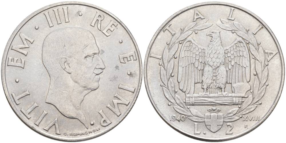 ИТАЛИЯ 2 ЛИРЫ 1940 R, ГОД XVIII, ВИКТОР ЭММАНУИЛ III (1900-1946), МАГНИТНАЯ, ГУРТ РИФЛЁНЫЙ KM 78b, VEM3. 1154 нержавеющая сталь 3855-243