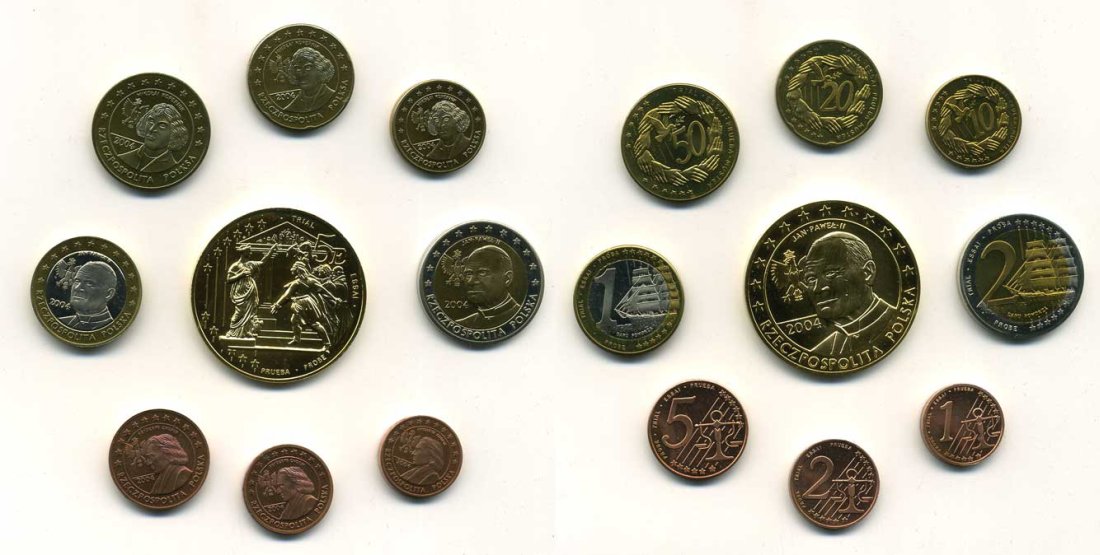 ПОЛЬША ЕВРОНАБОР ИЗ 9 МОНЕТ (С 5 ЕВРО) 2004 PROBA, ПРОБНИКИ PROOF 4-2-10