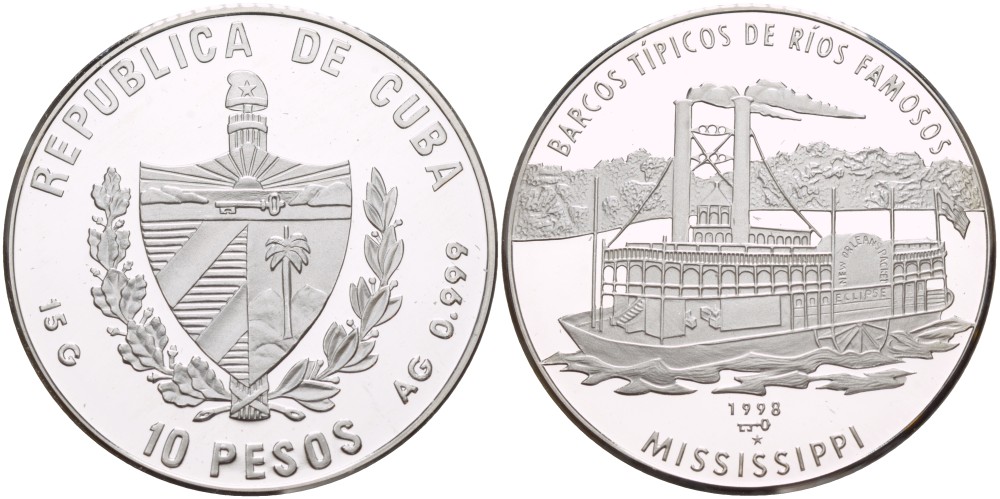 Куба 10 песо 1998 Миссисипи, колесный пароход, тираж 5000 экземпляров KM 610 серебро  PROOF  11-108-35