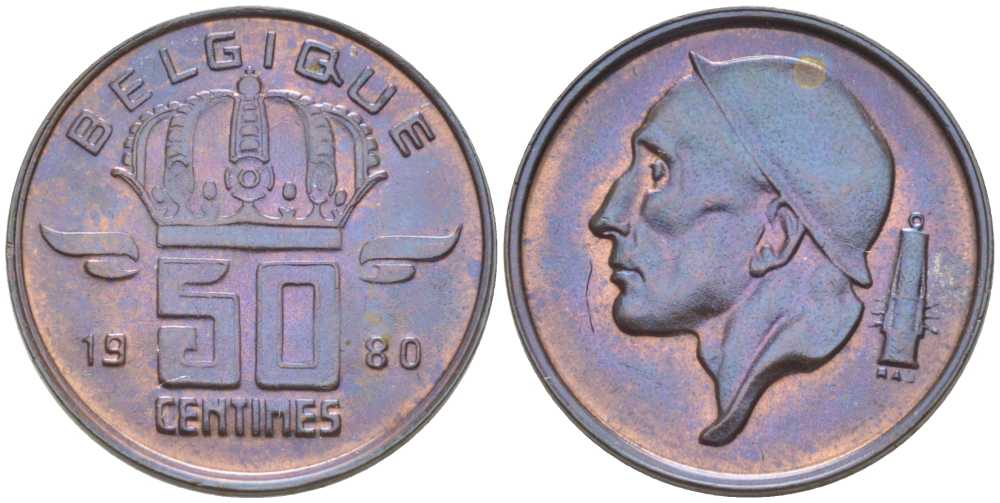БЕЛЬГИЯ 50 САНТИМОВ 1980 BELGIQUE, БОДУЭН I (1951-1993) KM 148.1 бронза 214-467