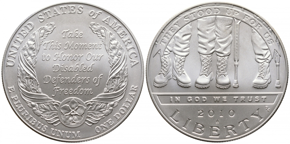 США 1 доллар 2010 W, американские ветераны-инвалиды KM 479 серебро UNC 02-262-41