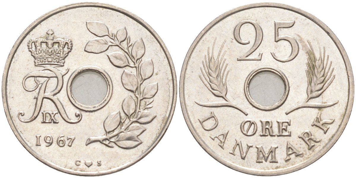 Дания 25 эре 1967 С; S, Фредерик IX (1947-1972) KM 855.1 медно-никель 94-1026