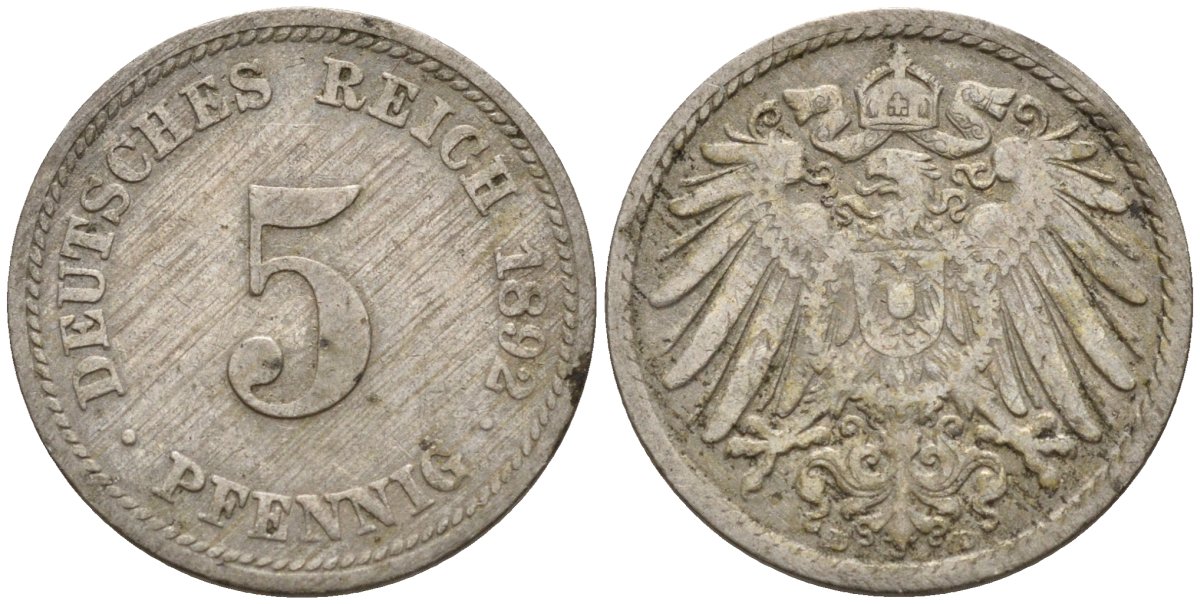 Германия 5 пфеннигов 1892 D KM 11, J. 12 медно-никель 4151-367
