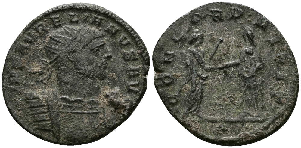 Римская Империя антониниан 272 - 273 Аврелиан CONCORD MILIT неизвестный монетный двор (Византий ?) Very fine RIC 391 бронза 1073-6-83