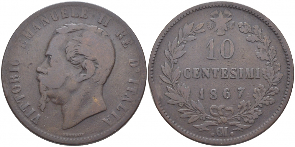 Италия 10 чентезимо 1867 OM, Виктор Эммануил II (1861-1878) KM 11.5 медь 114-625