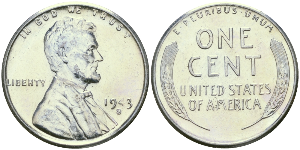 США 1 цент 1943 S (Сан-Франциско), Авраам Линкольн KM 132 a сталь плакированная цинком 96-1217