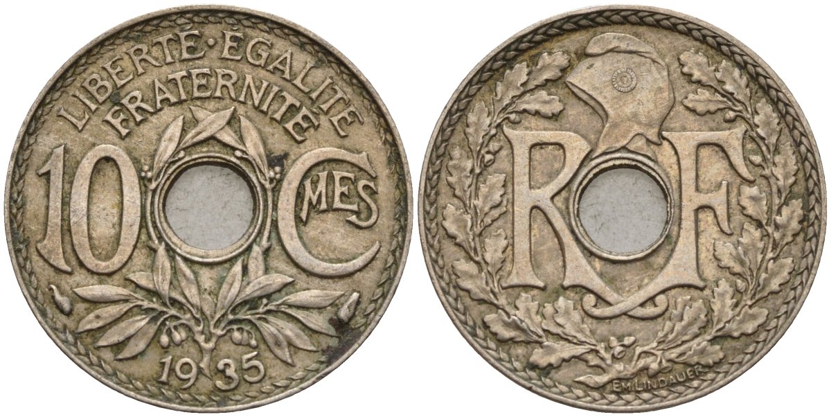 Франция 10 сантимов 1935 KM 866a, Le Franc 138.3 медно-никель 4143-1027