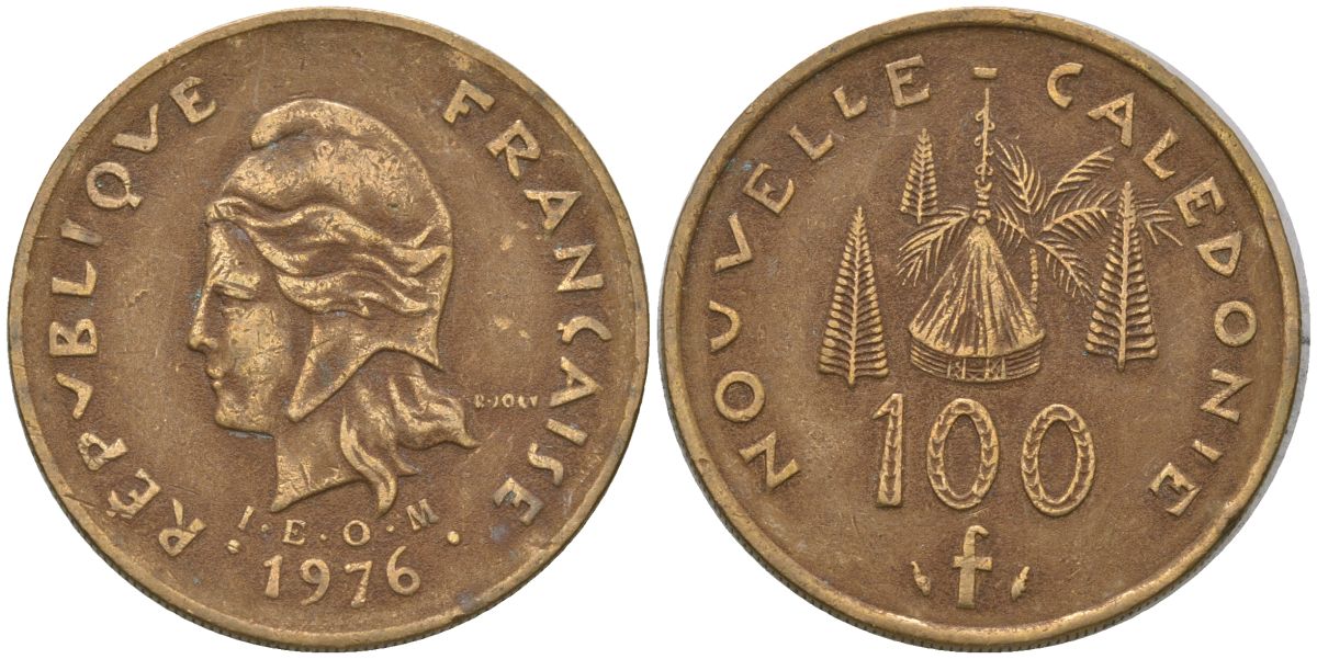 Французская Новая Каледония 100 франков 1976 R·JOLY (с точкой), хижина среди сосен и пальм, (IEOM) KM 15, Schoen 16, Lec 130 никель латунь 4137-644