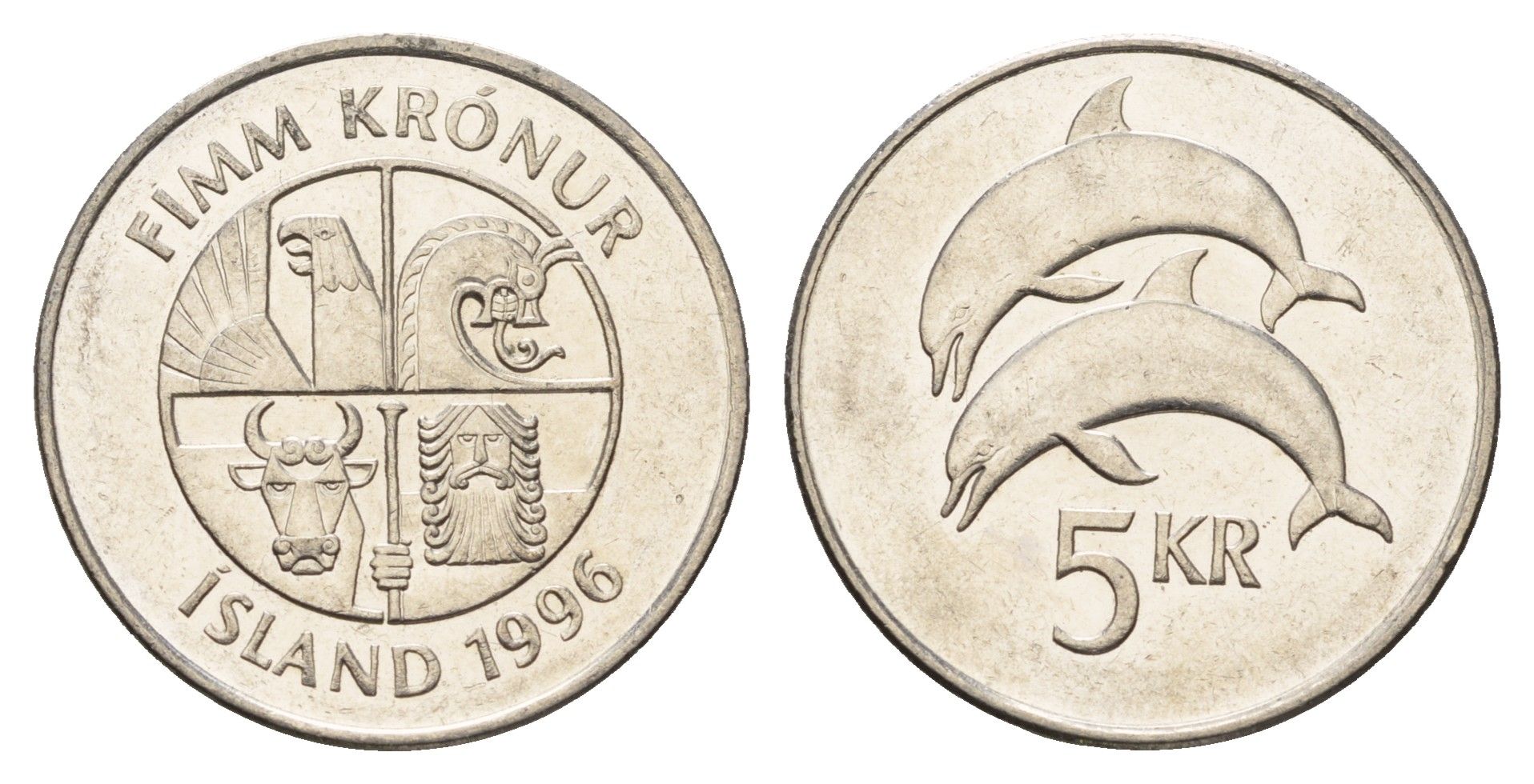 Исландия 5 крон 1996 дельфины KM 28a сталь плакированная никелем UNC 4589-1045