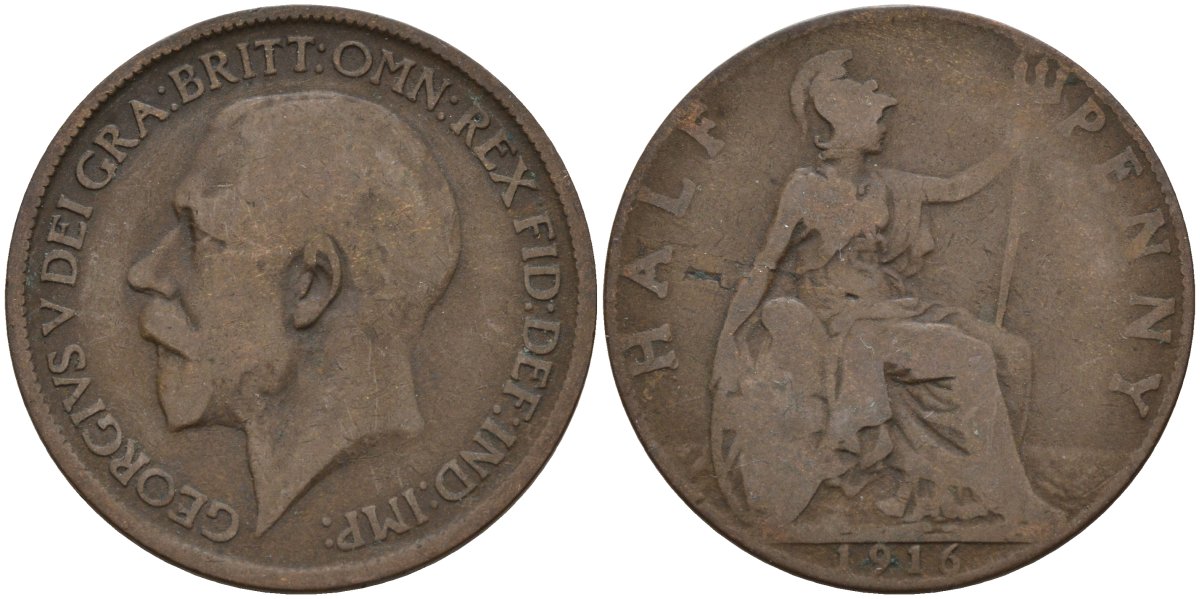 Великобритания 1/2 пенни 1916 Георг V (1910-1936) KM 809, Spink 4056 бронза 4146-134