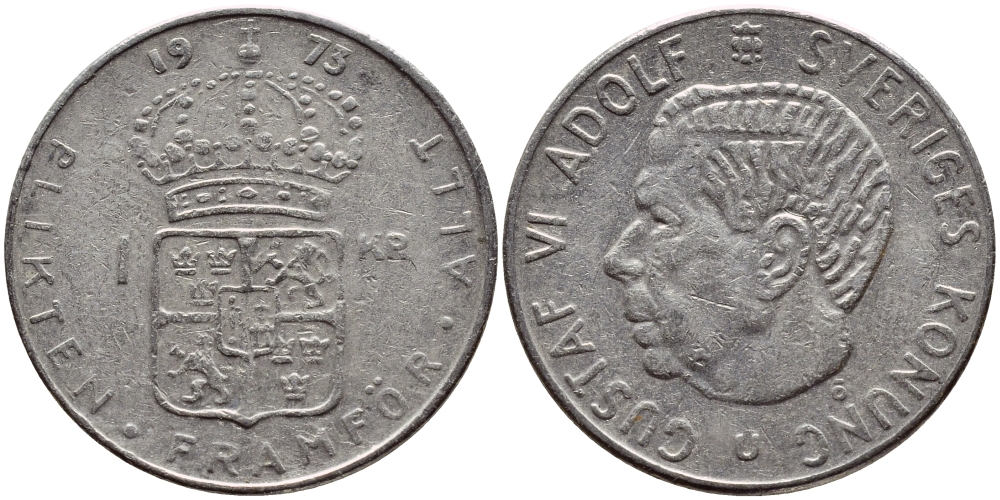 Швеция 1 крона 1973 Густав VI Адольф (1950-1973) KM 826а медь плакированная медно-никелем 4395-1236