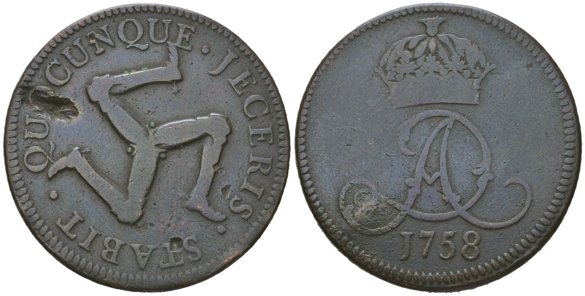 Остров Мэн 1 пенни 1758 Джеймс Мюррэй KM 7 медь 94-151