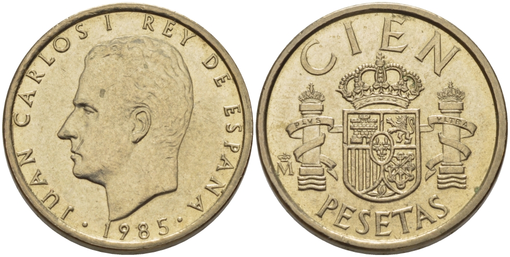 ИСПАНИЯ 100 ПЕСЕТ 1985 ХУАН КАРЛОС I (1975-) KM 826 алюминиевая бронза 67-926