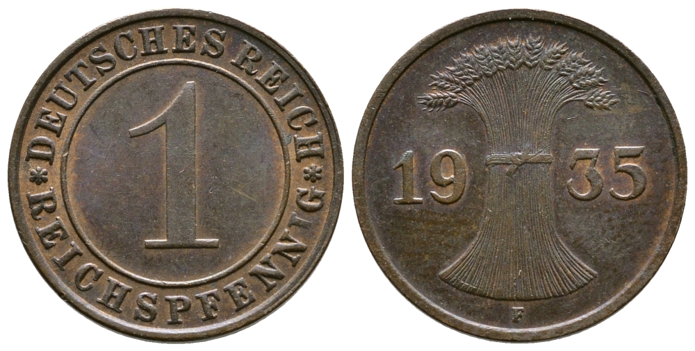 Германия 1 рейхспфенниг 1935 F KM 37, J. 313 бронза 220-125