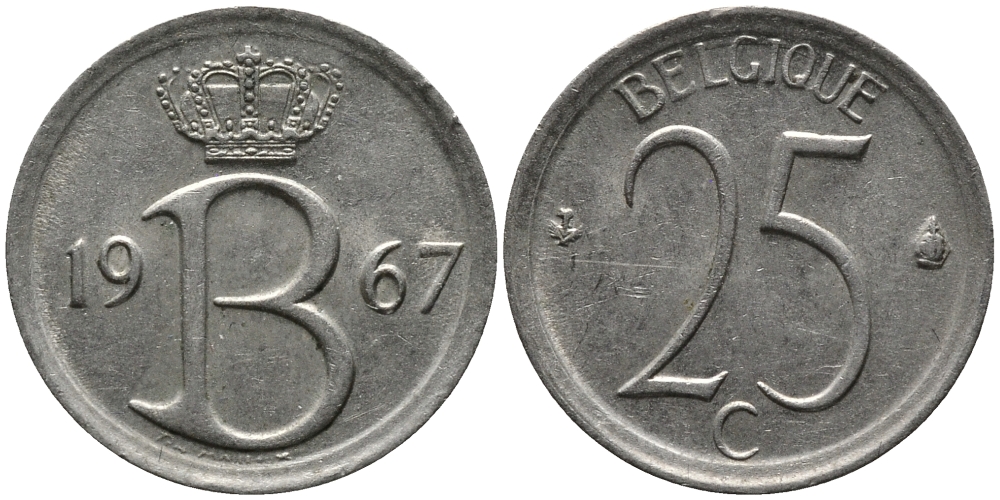 Бельгия 25 сантимов 1967 Belgique, Бодуэн I (1951-1993) KM 153.1 медно-никель 99-417