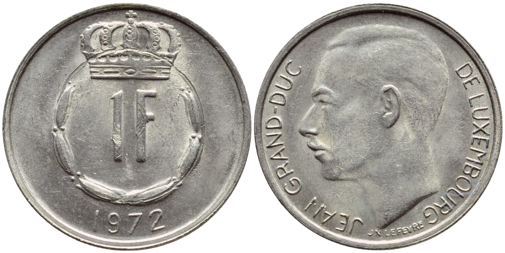 ЛЮКСЕМБУРГ 1 ФРАНК 1972 ВЕЛИКИЙ ГЕРЦОГ ЖАН KM 55 медно-никель 4398-834