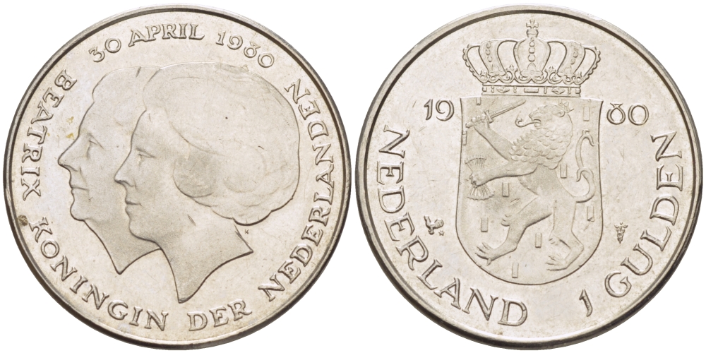 Нидерланды 1 гульден 1980 на коронацию Беатрикс, 30 апреля 1980 KM 200 никель 31-823