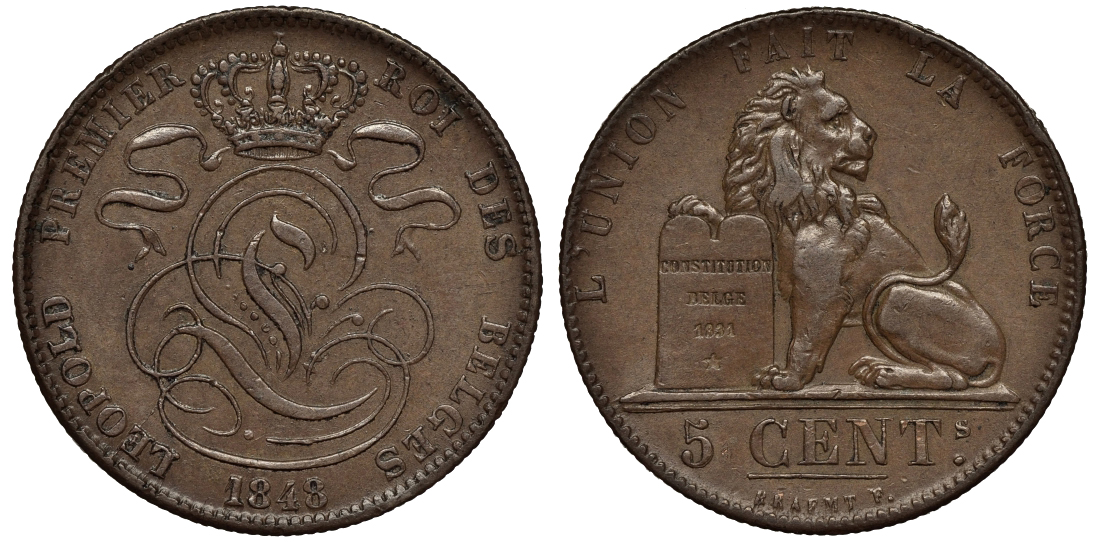 БЕЛЬГИЯ 5 САНТИМОВ 1848 BELGES KM 5.1 медь 02-264-42