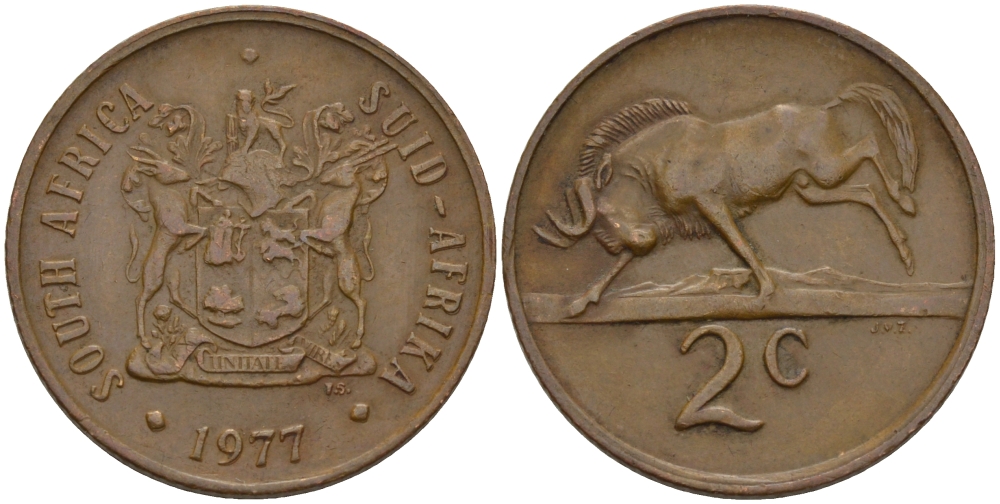 ЮАР 2 цента 1977 герб, антилопа гну KM 83 бронза 67-335