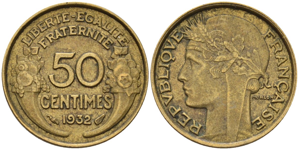 Франция 50 сантимов 1932 KM 894.1, Le Franc 192.15 алюминиевая бронза 4596-754