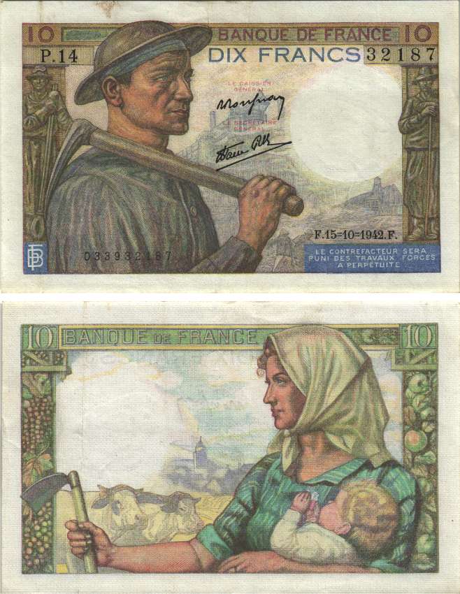 ФРАНЦИЯ 10 ФРАНКОВ 1942 15 ОКТЯБРЯ 1942 Pick 99d бумага XF 8589-37-1-1