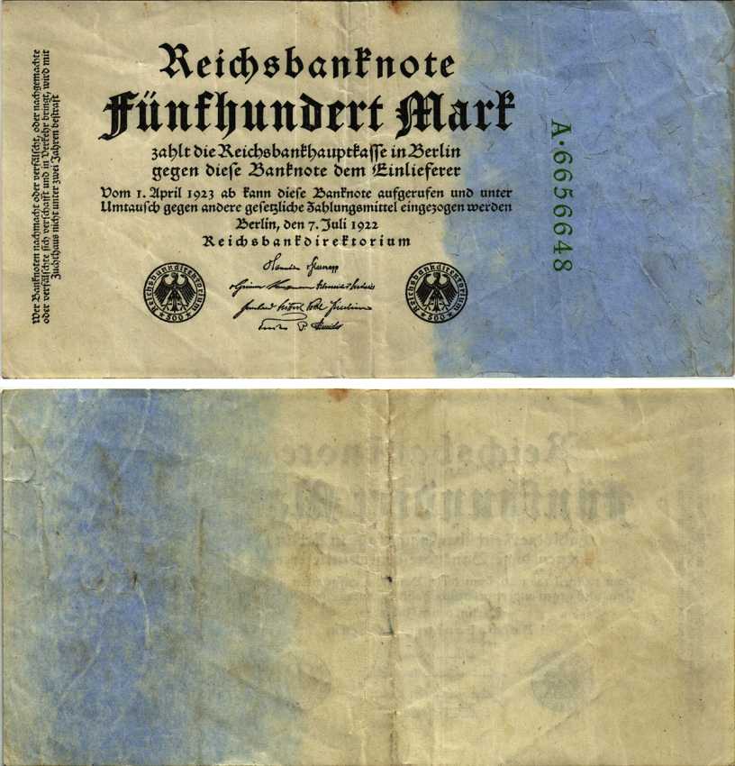 Германия 500 марок 1922 зеленая серия, 7 цифр в номере Pick 74 b бумага 7191-52-3-2