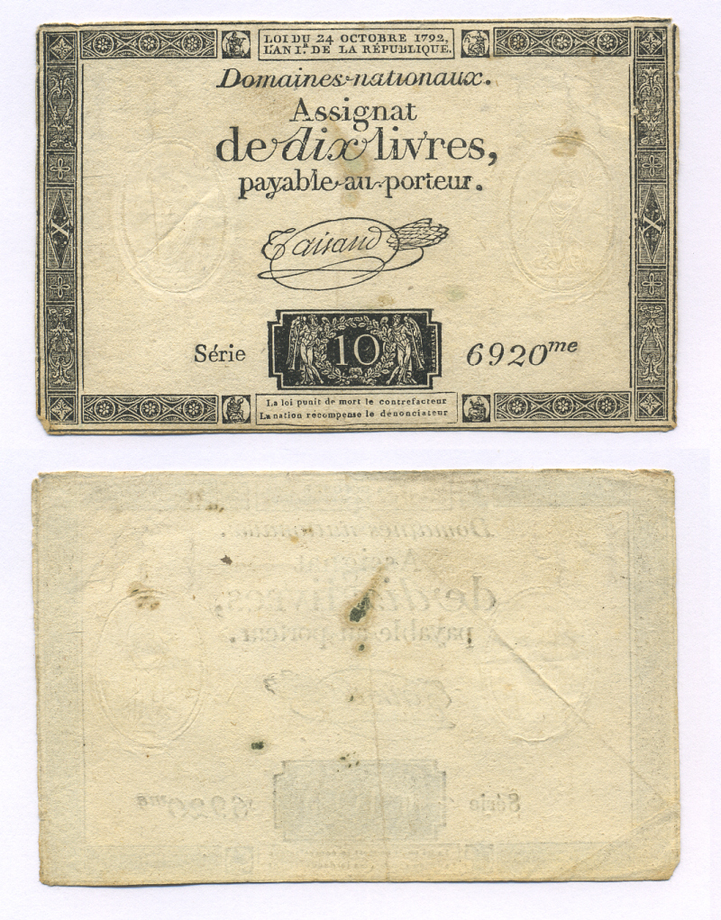 Франция 10 ливров 1792 третий выпуск, 24 октября 1792, водяной знак RP-FR Pick A66b  бумага   6300-37-3-2
