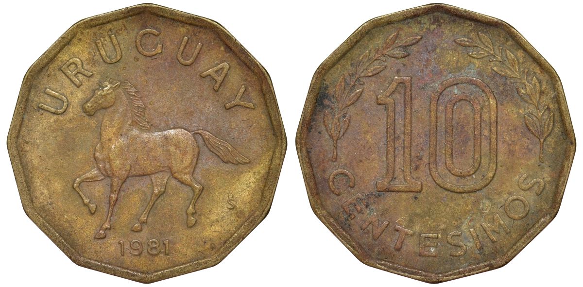 Уругвай 10 сентесимо 1981 KM 66 алюминиевая бронза 4169-467