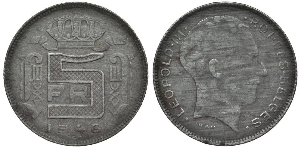 БЕЛЬГИЯ 5 ФРАНКОВ 1946 BELGES, ГЕРМАНСКАЯ ОККУПАЦИЯ, ВТОРАЯ МИРОВАЯ ВОЙНА KM 129.1 цинк 27-954