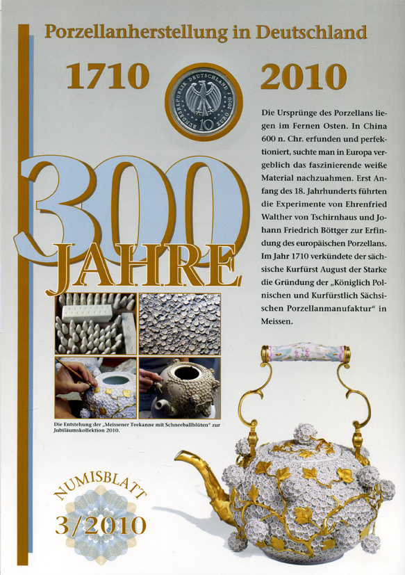 ФРГ 10 евро + блок марок 2010 F, 300 лет ПРОИЗВОДСТВУ ФАРФОРА В ГЕРМАНИИ, официальный буклет немецкой почты (DEUTSCHE POST), с марками первого дня гашения 01.07.2010    UNC  14-01-03-02