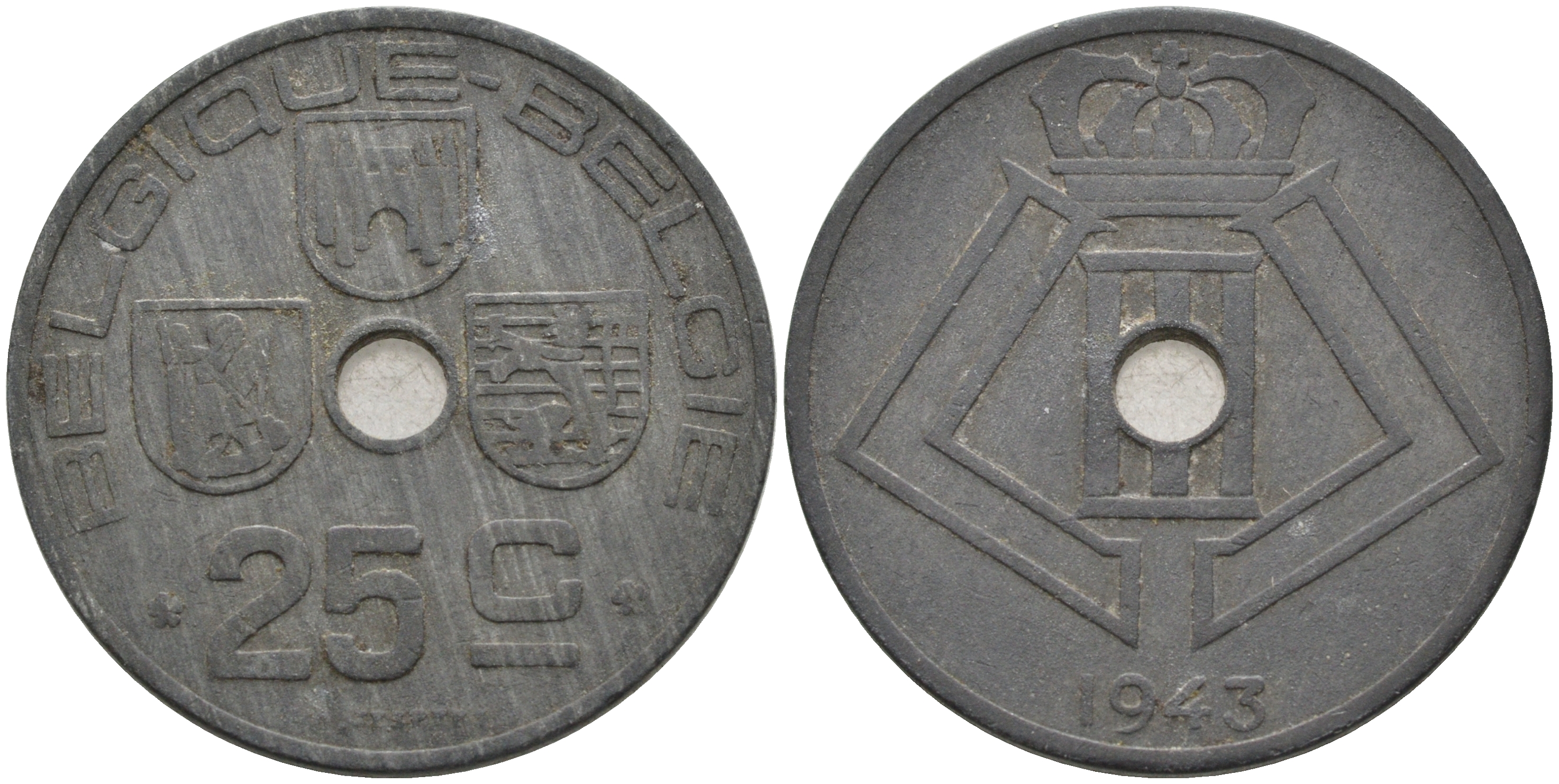 БЕЛЬГИЯ 25 САНТИМОВ 1943 BELGIQUE - BELGIE, ГЕРМАНСКАЯ ОККУПАЦИЯ, ВТОРАЯ МИРОВАЯ ВОЙНА KM 131 цинк 4563-1024