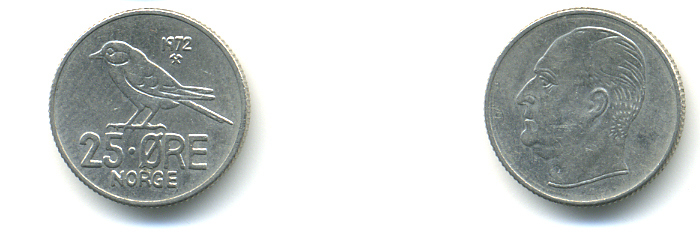 Норвегия 25 эре 1972 Улаф V (1958-1991), синица KM 407 медно-никель 86-736