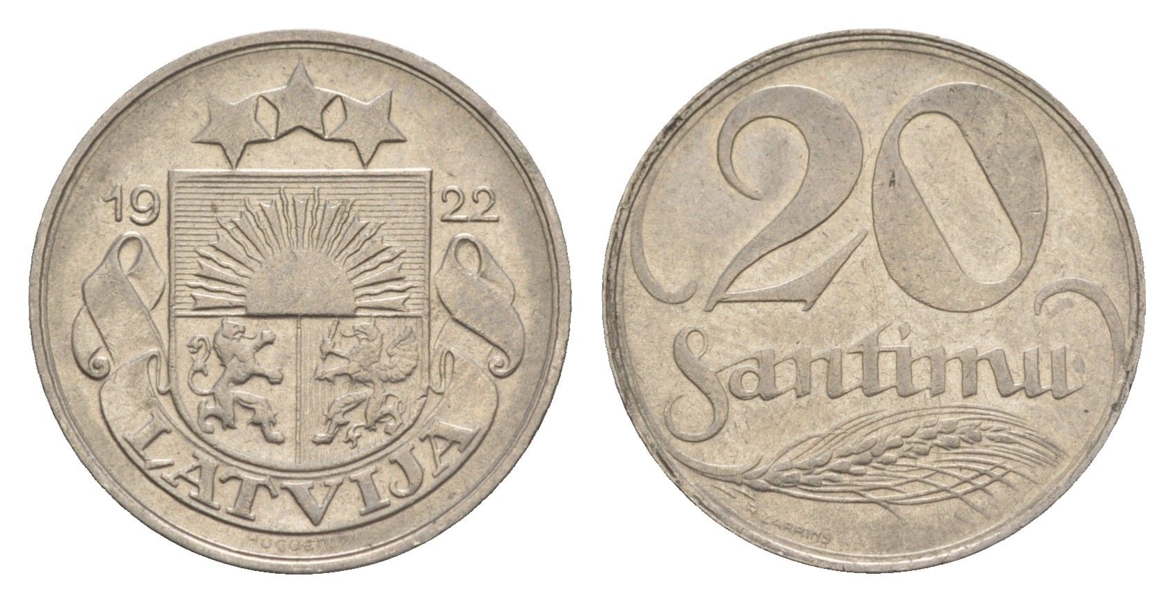 Латвия 20 сантимов 1922 год-тип KM 5 никель 4658-1251