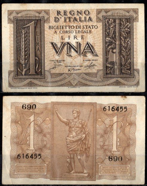 Италия 1 лира 1939 Pick 26 бумага 2198-29-1-2