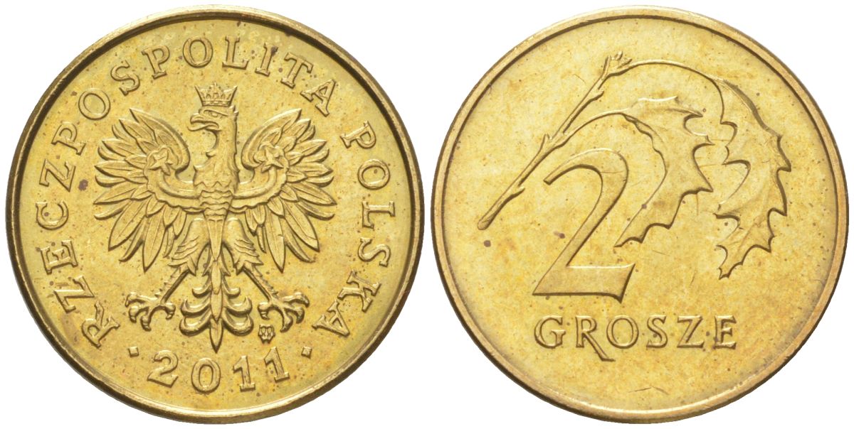 Польша 2 гроша 2011 Y 277 марганец латунь UNC 4614-264