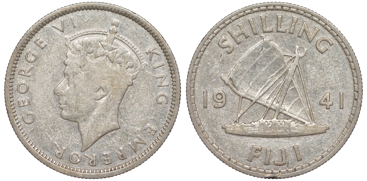 Фиджи 1 шиллинг 1941 Георг VI (1936-1952), парусник KM 12 серебро    91-1045