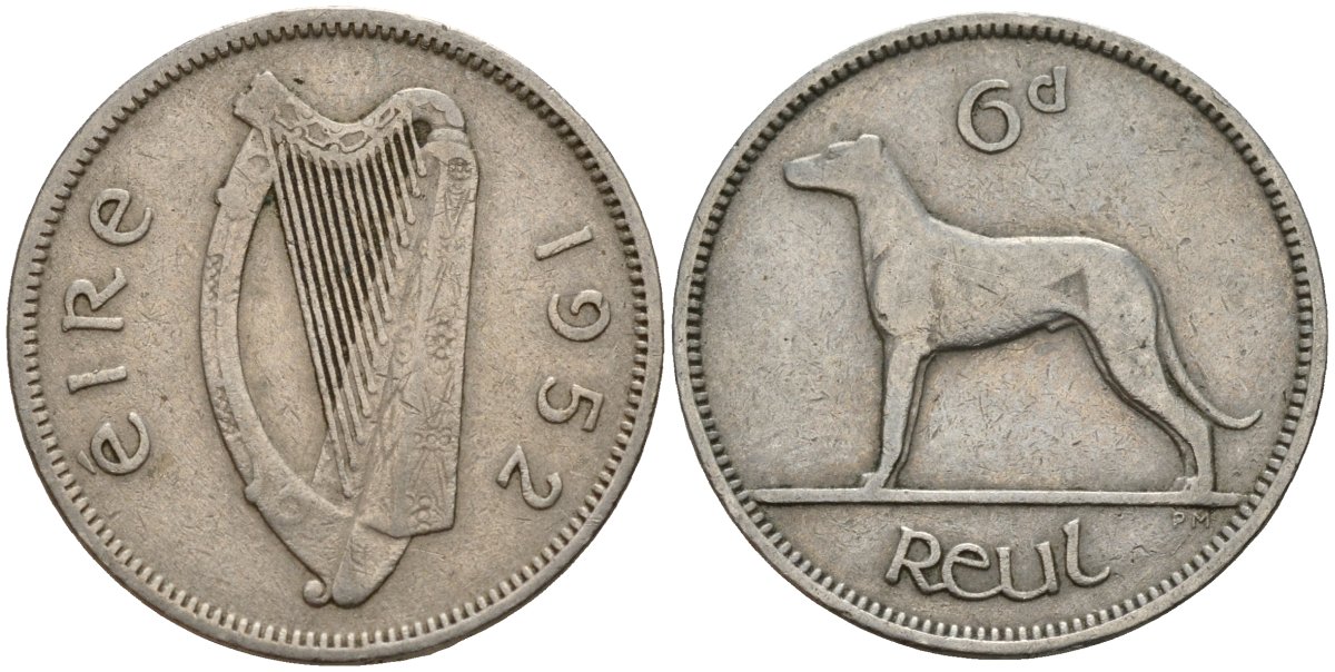 Ирландия 6 пенсов 1952 ирландский волкодав KM 13a медно-никель 4189-718