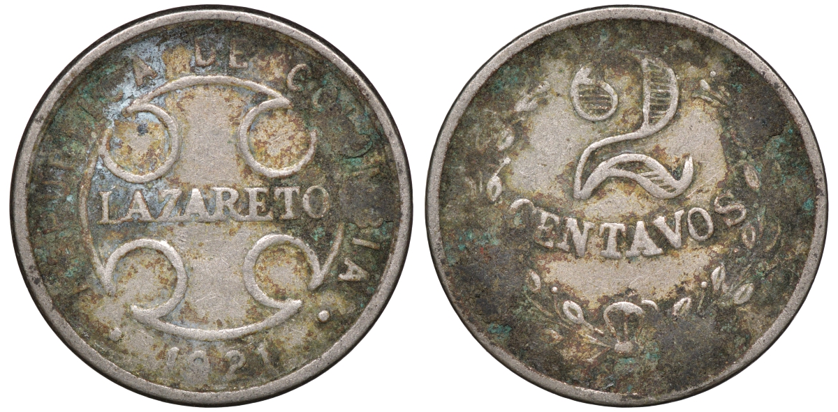 Колумбия 2 сентаво 1921 государственный лепрозорий KM L10 медно-никель 53-1017