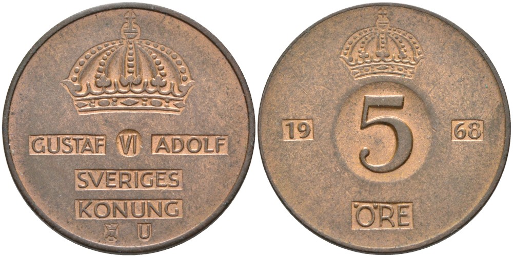Швеция 5 эре 1968 U, Густав VI Адольф (1950-1973) KM 822 бронза 4557-831