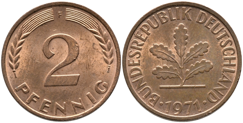 ФРГ 2 пфеннига 1971 F KM 106а, J. 381а сталь плакированная медью 99-1269