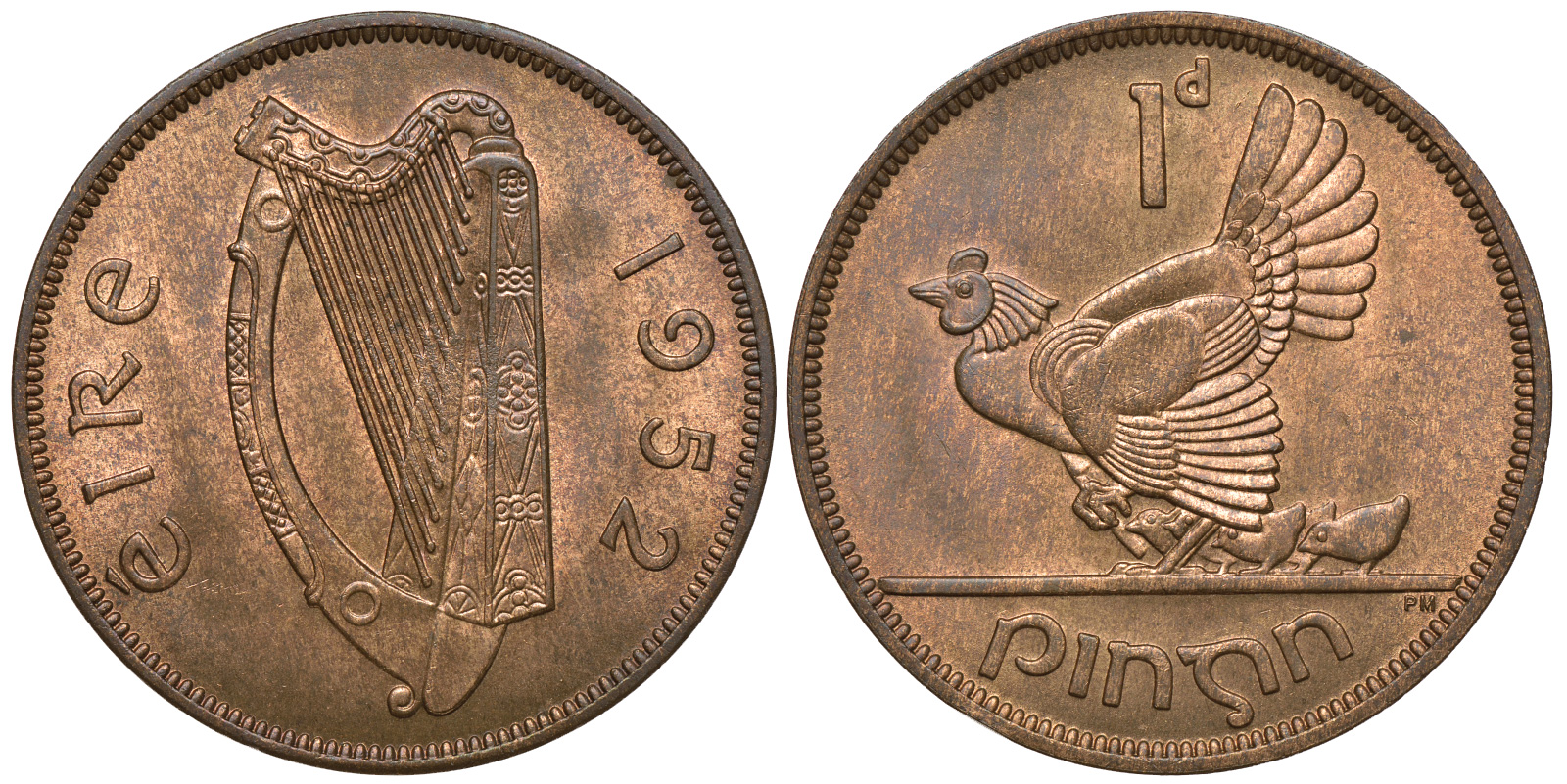 ИРЛАНДИЯ 1 ПЕННИ 1952 КУРИЦА С ЦЫПЛЯТАМИ KM 11 бронза UNC 4389-822