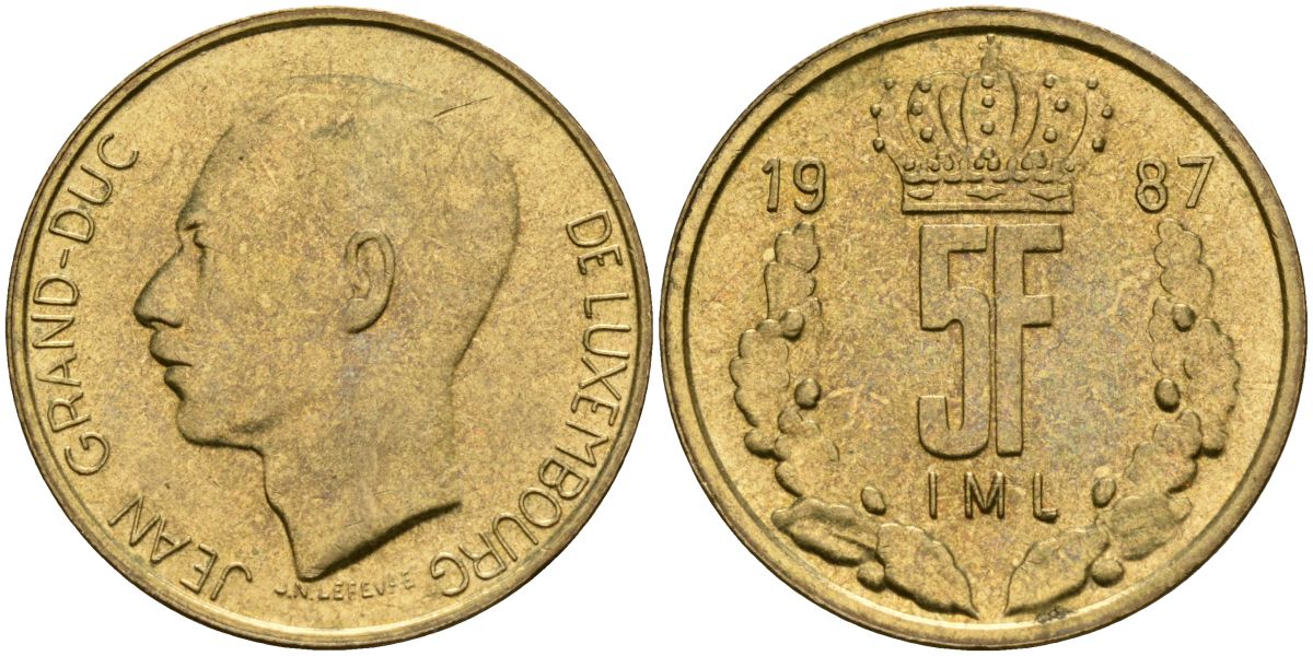Люксембург 5 франков 1987 Великий герцог Жан (1964-1999) KM 60.1 латунь 4135-1052