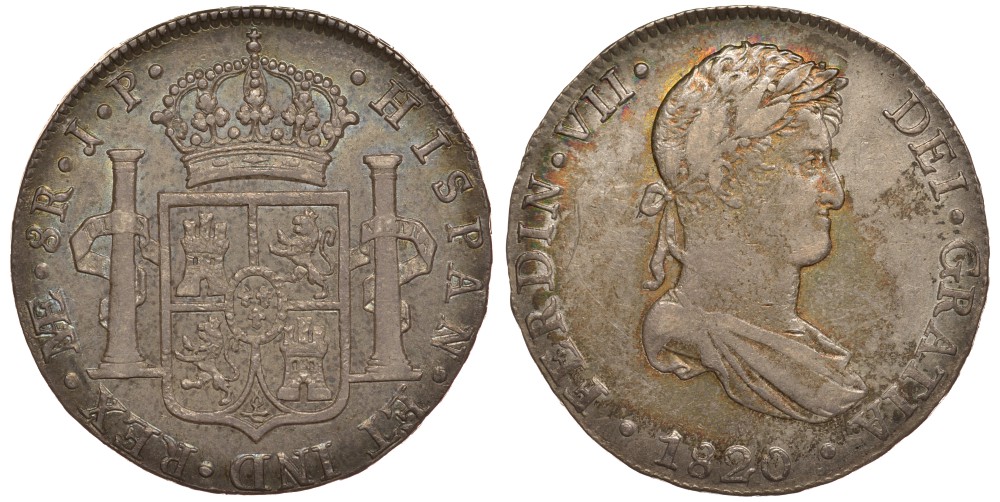 Перу 8 реалов 1820 JP, монетный двор ME (Лима), Фердинанд VII Испанский (1808-1821), красивая золотисто-голубая патина KM 117.1 серебро 00-000-00